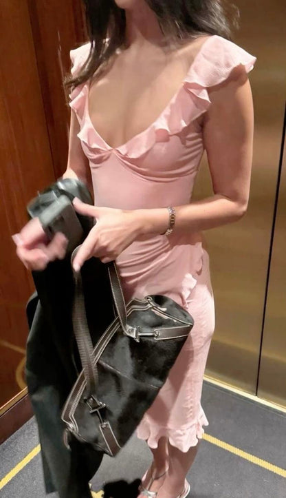 Sweetheart Pink Strapless Sleeveless Low Neck Ruffle Mermaid Prom Dress TP2553