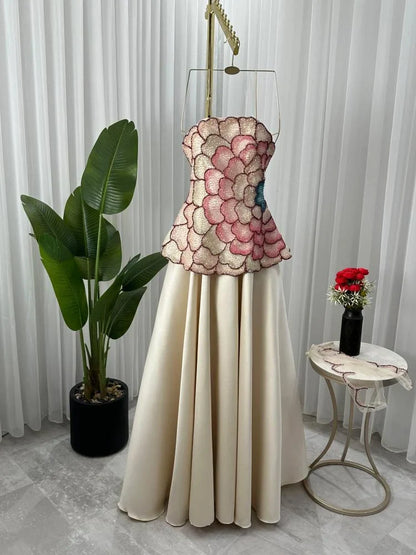 Elegant A-Line Strapless Beaded Satin Long Formal Prom Dress Evening Gown TP2558