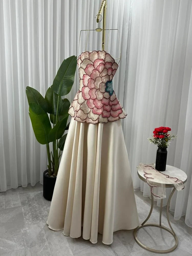 Elegant A-Line Strapless Beaded Satin Long Formal Prom Dress Evening Gown TP2558