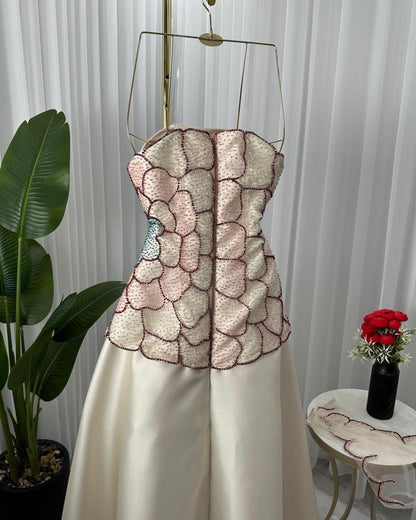 Elegant A-Line Strapless Beaded Satin Long Formal Prom Dress Evening Gown TP2558