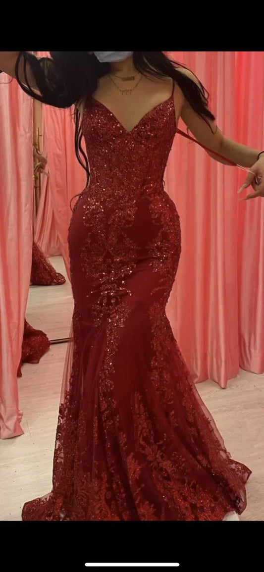 Sexy Burgundy Strapless V-Neck Mermaid Sequined Ball Gown Evening Dress TP2576