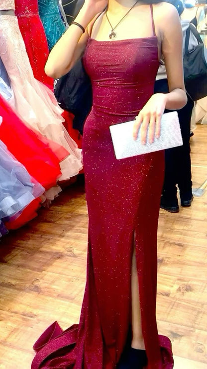 Sexy Mermaid Off-shoulder Burgundy Slit Floor-length Prom Dress Evening Dress TP2581