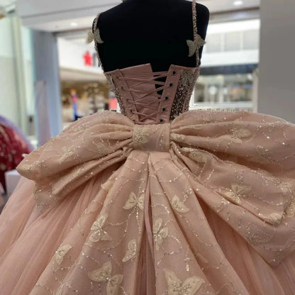 Sweet Pink Bow Tulle Butterfly A-Line Tutu Prom Dress Evening Gown TP2584