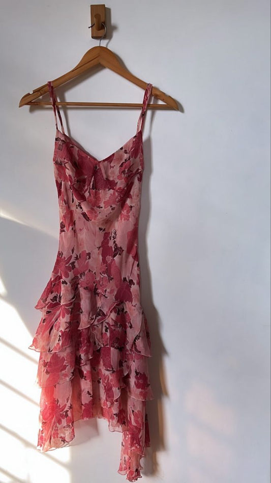 Strap Printed Chiffon Pink Ruffle Short Party Dress Homecoming Dress TP2593