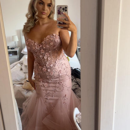 Elegant Pink Strapless Sweetheart Neck Mermaid Tulle Long Prom Dress Evening Dress TP2596