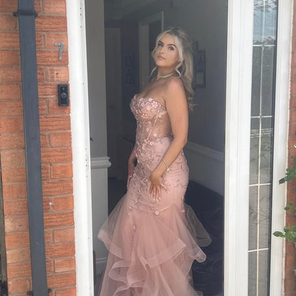 Elegant Pink Strapless Sweetheart Neck Mermaid Tulle Long Prom Dress Evening Dress TP2596