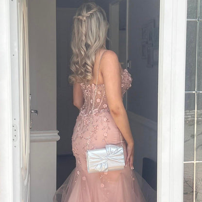 Elegant Pink Strapless Sweetheart Neck Mermaid Tulle Long Prom Dress Evening Dress TP2596