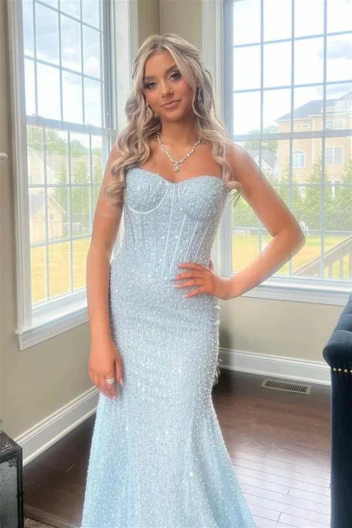 Shiny Light Blue Spaghetti Strap Beaded Floor-Length Prom Dress Evening Dress TP2597