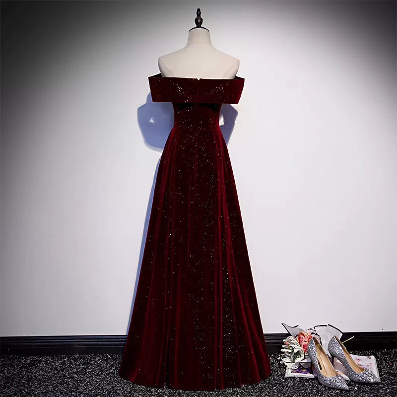 A-Line Off Shoulder Velvet Burgundy Long Prom Dress, Burgundy Formal Dress  TP26