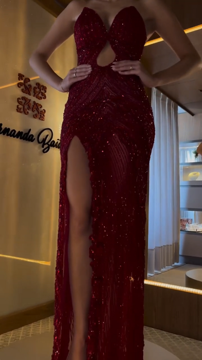 Shiny Burgundy Off-the-shoulder Sequined High Slit Mermaid Floor-length Prom Dress Evening Dress TP2609