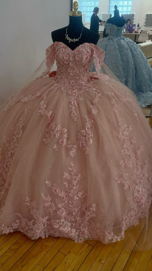 Sweet pink off-the-shoulder A-line sequined tulle with train prom dress evening dress TP2614