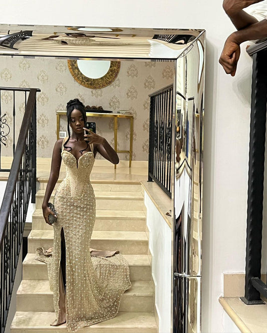 Gorgeous Ivory Sleeveless Slit Mermaid Floor-Mounting Prom Dress Evening Dress TP2629