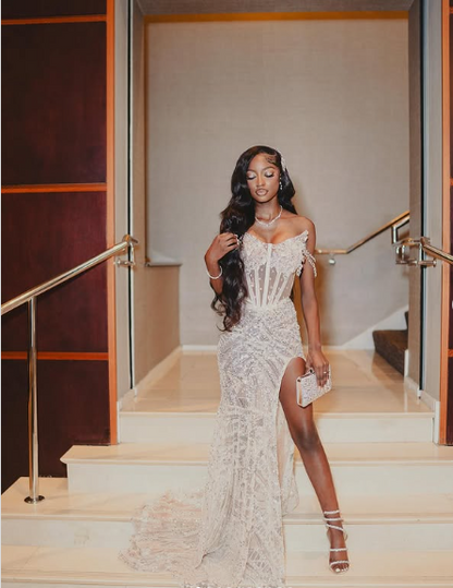 Sexy White Off Shoulder High Slit Sequined Trailing Prom Dress Evening Dress TP2650