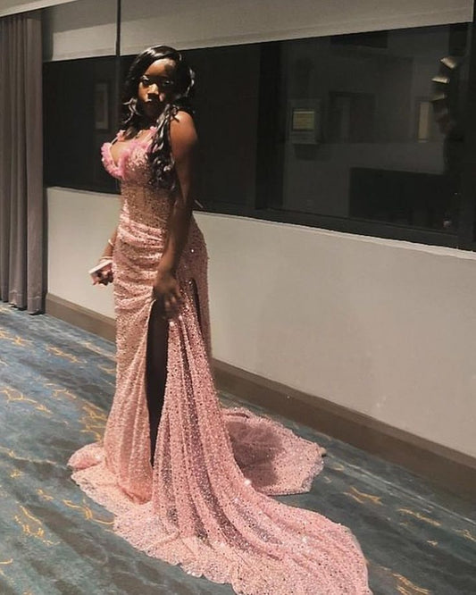 Sexy Pink Low Cut Shoulder Straps Shiny Slit Train Prom Dress Evening Dress TP2653