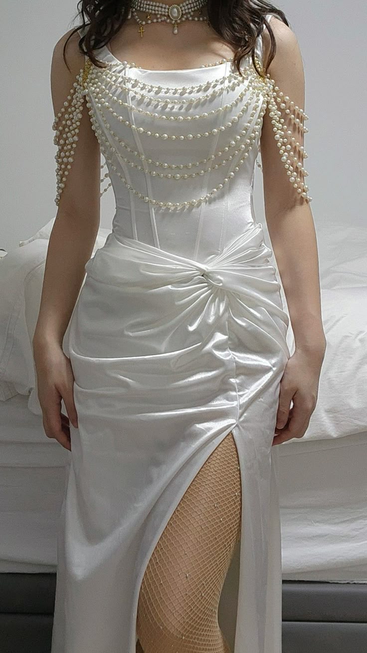 Elegant White Strap Beaded Waist Pleated Slit Wedding Dress TP2671