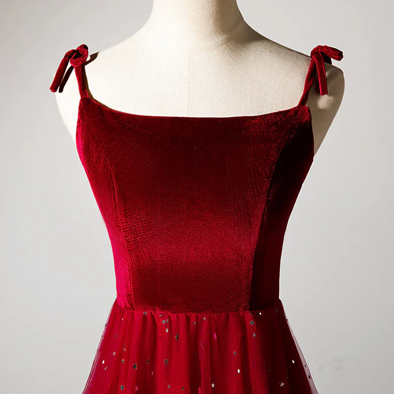 Elegant Burgundy Strapless Sleeveless A-Line Velvet Tulle Long Prom Dress Evening Dress TP2672