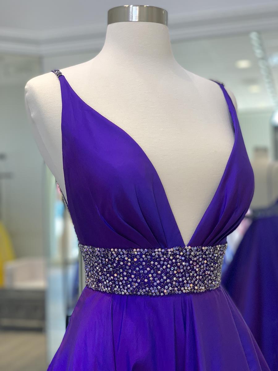 Elegant Purple Deep V Neck Straps Sleeveless A-Line Satin Slit Long Prom Dress Evening Dress TP2674