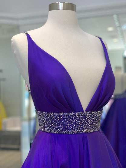 Elegant Purple Deep V Neck Straps Sleeveless A-Line Satin Slit Long Prom Dress Evening Dress TP2674