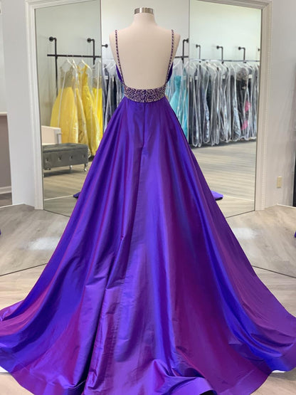 Elegant Purple Deep V Neck Straps Sleeveless A-Line Satin Slit Long Prom Dress Evening Dress TP2674