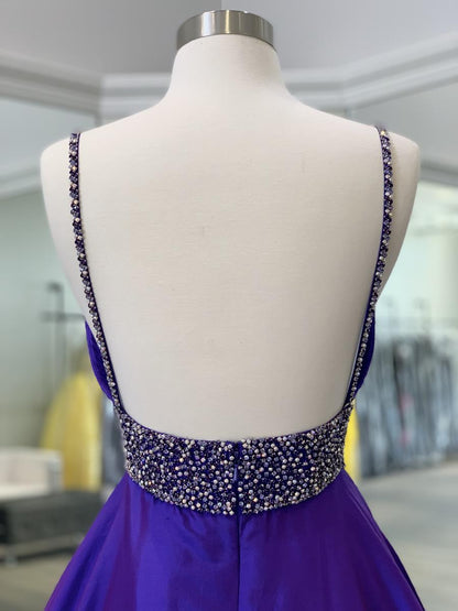 Elegant Purple Deep V Neck Straps Sleeveless A-Line Satin Slit Long Prom Dress Evening Dress TP2674