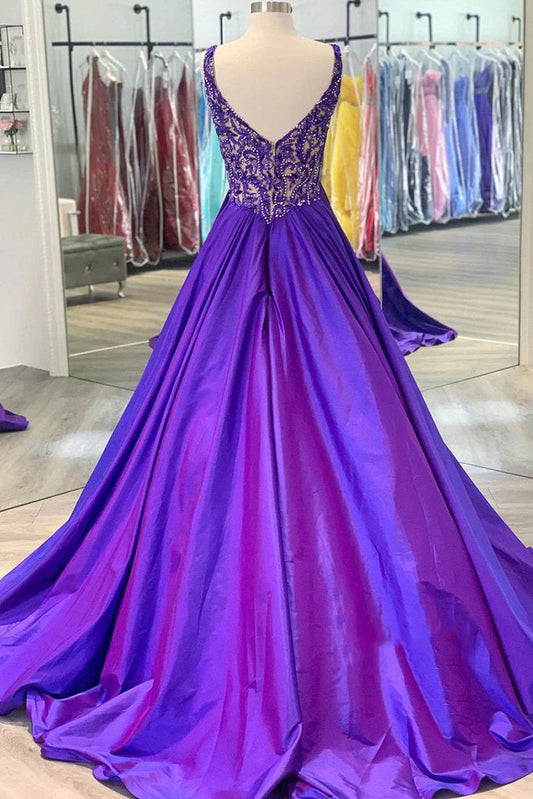 Retro Purple V Neck Sleeveless A-Line Prom Dress Evening Gown TP2675