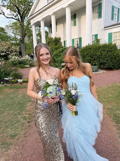 Elegant Blue Strapless Sweetheart Neck A-Line Tulle Long Prom Dress Bridesmaid Dress TP2677