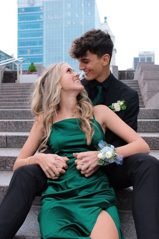 Chic Green Satin Strapless Slit Long Prom Dress Bridesmaid Dress TP2680