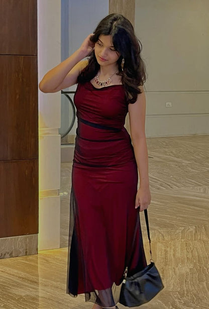 Sexy Burgundy Strapless Mermaid Tulle Long Prom Dress Evening Dress TP2681