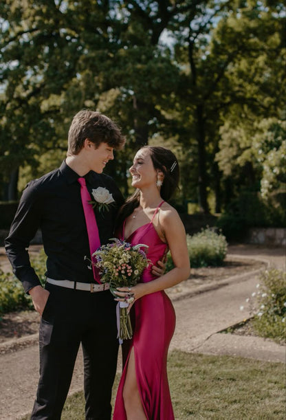 Strapless Simple V-neck Pink Satin Mermaid Slit Long Prom Dress Bridesmaid Dress TP2682