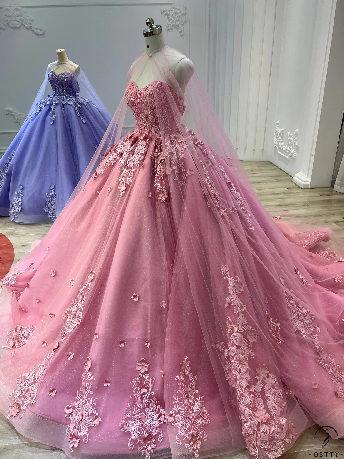 Sweet Princess Dress Pink Strapless Sweetheart Neck Lace Tulle With Train Prom Dress TP2685