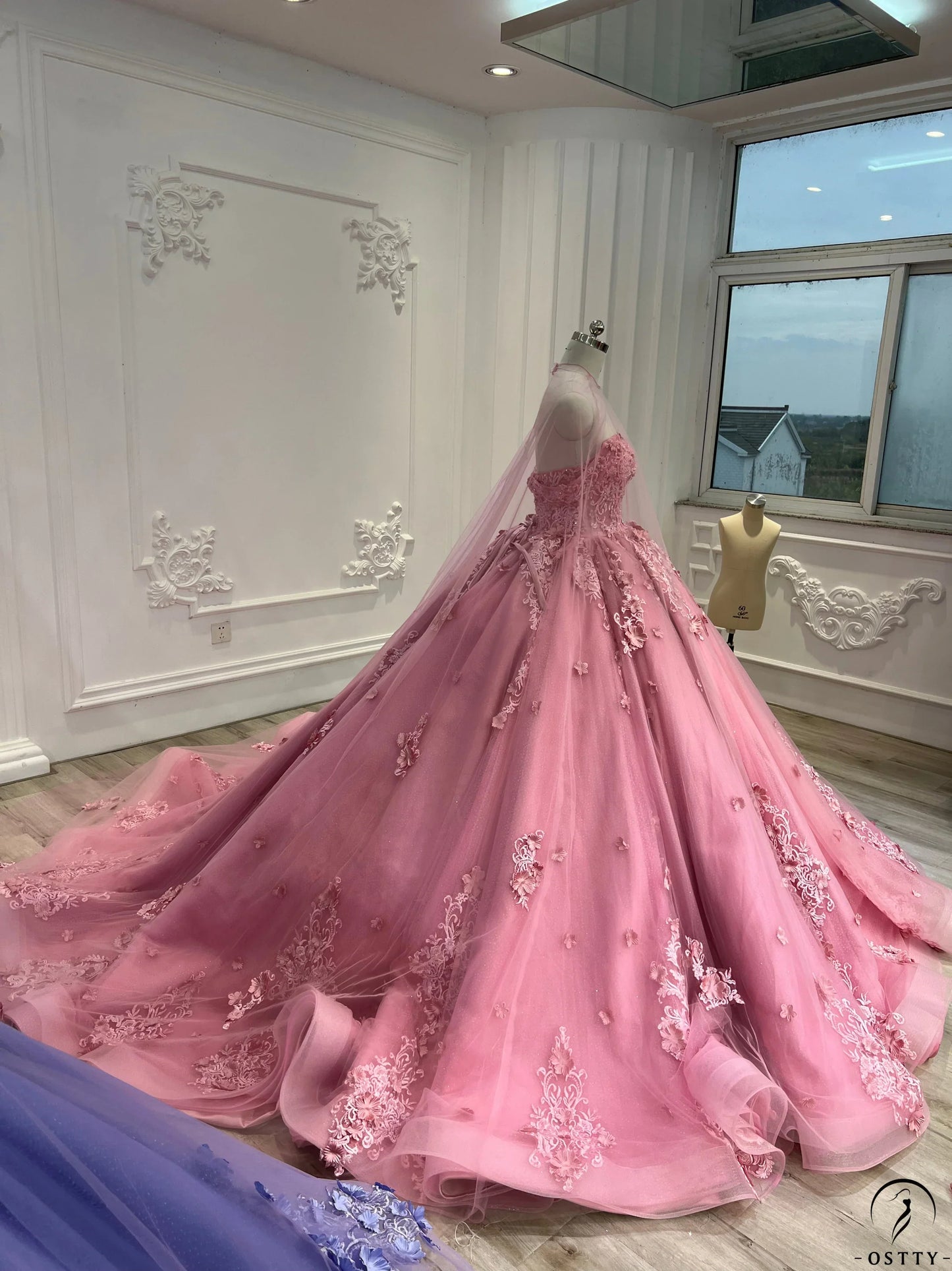 Sweet Princess Dress Pink Strapless Sweetheart Neck Lace Tulle With Train Prom Dress TP2685