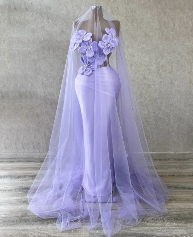Fantasy Purple Beaded 3D Flower Hollow Mermaid Prom Dress Evening Gown TP2686