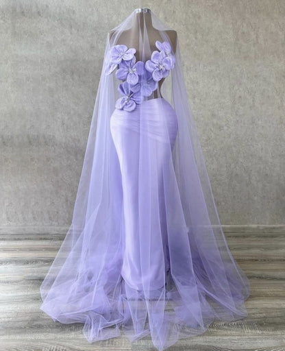 Fantasy Purple Beaded 3D Flower Hollow Mermaid Prom Dress Evening Gown TP2686
