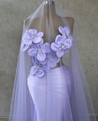 Fantasy Purple Beaded 3D Flower Hollow Mermaid Prom Dress Evening Gown TP2686