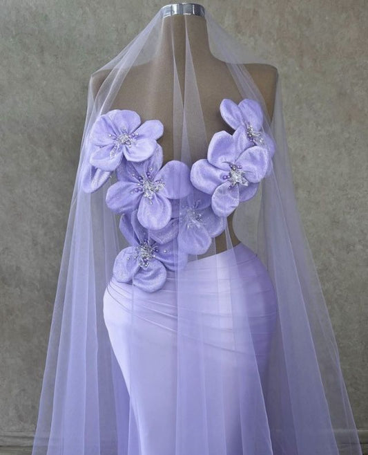 Fantasy Purple Beaded 3D Flower Hollow Mermaid Prom Dress Evening Gown TP2686