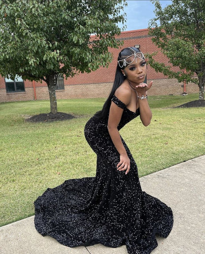 Sexy Black Sequin Off Shoulder Mermaid With Train Prom Dress Evening Dress TP2697