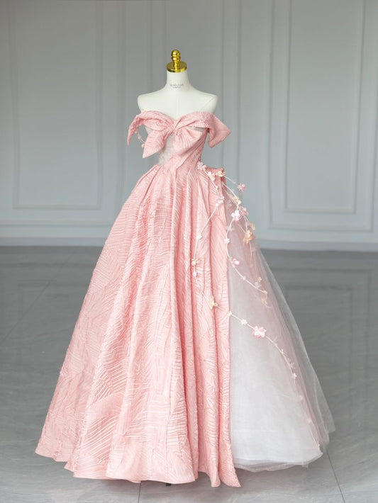 Sweet Pink Off-Shoulder Bow A-Line Prom Dress Evening Gown TP2700