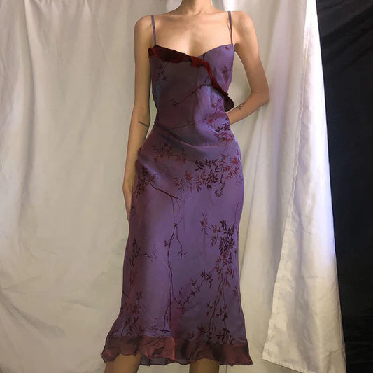 Vintage Purple Printed Strapless Ruffled Mesh Prom Dress Evening Dress TP2731