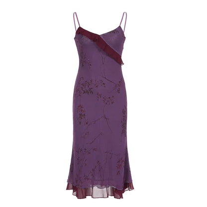 Vintage Purple Printed Strapless Ruffled Mesh Prom Dress Evening Dress TP2731