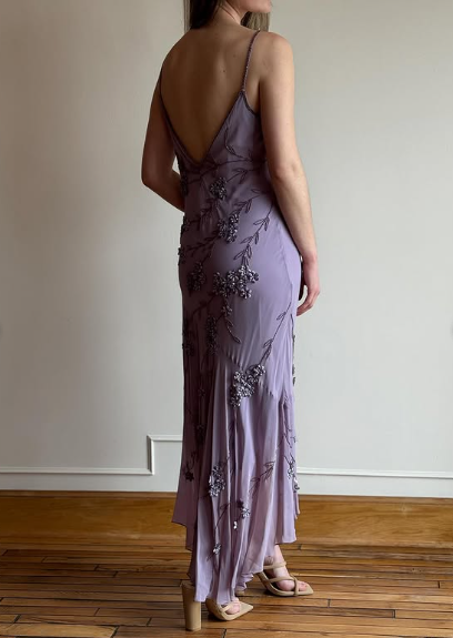 Vintage Purple Strapless Beaded Backless Chiffon Prom Dress Evening Dress TP2732
