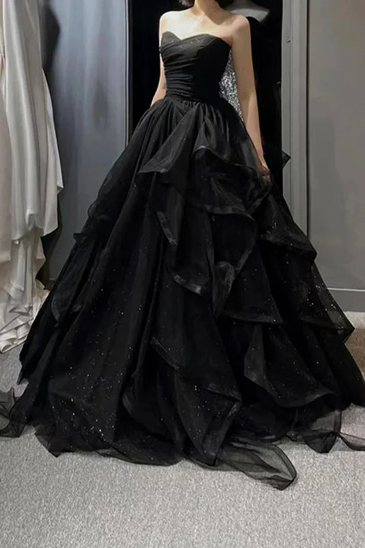 Elegant Black Off Shoulder A-Line Tulle Long Formal Prom Dress Evening Gown TP2738