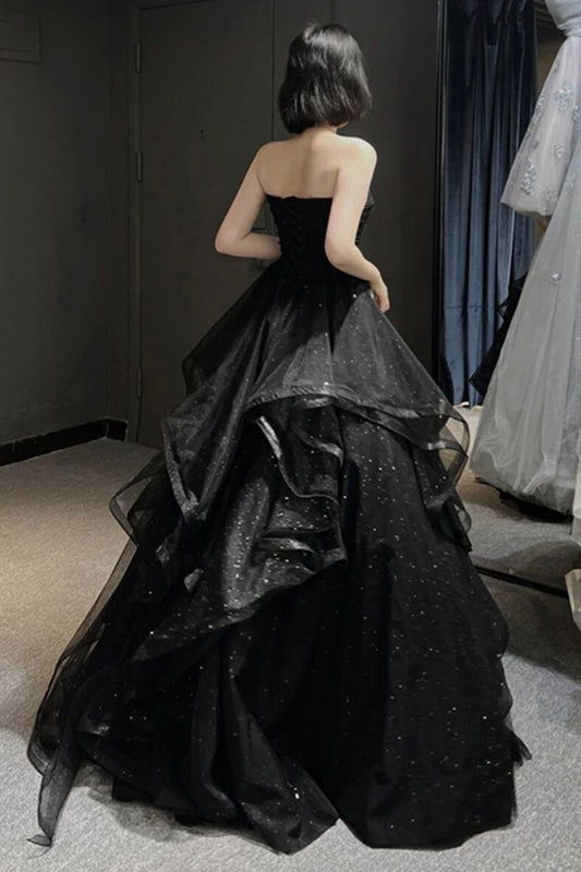 Elegant Black Off Shoulder A-Line Tulle Long Formal Prom Dress Evening Gown TP2738