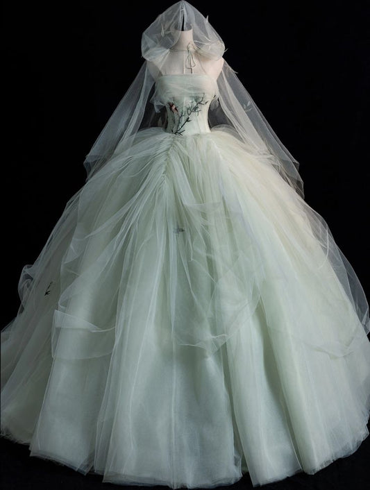 Elegant Green Strapless A-Line Tulle Long Prom Dress Evening Dress TP2739