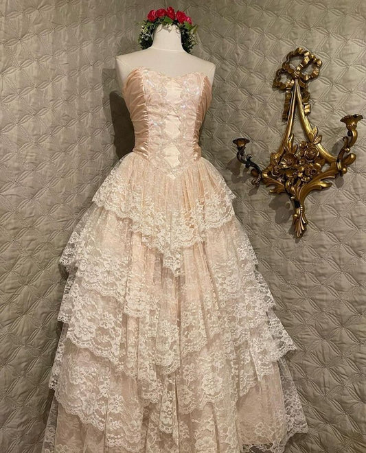 Vintage Pink Strapless Sequined Lace Trim Sweetheart Neck A-Line Prom Dress Evening Dress TP2741