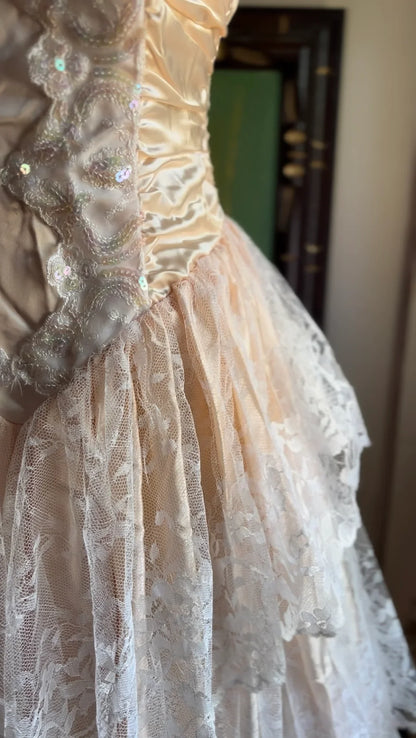 Vintage Pink Strapless Sequined Lace Trim Sweetheart Neck A-Line Prom Dress Evening Dress TP2741