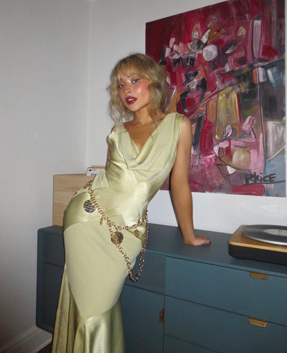 Beautiful Green Sleeveless Satin Mermaid Long Prom Dress Evening Dress No Waist Chain TP2743