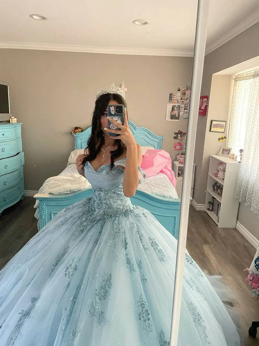 Beautiful Princess Dress Blue Off-the-shoulder Prom Dress A-line Floor-length Evening Dress TP2745
