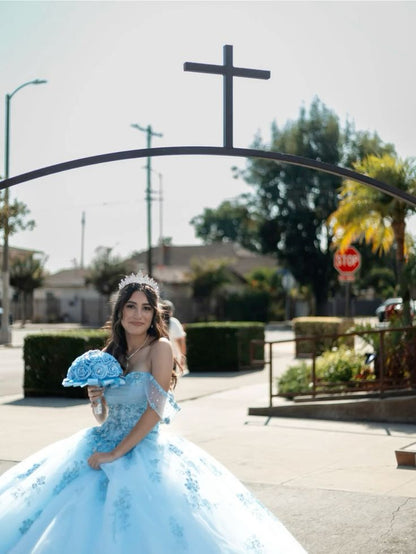 Beautiful Princess Dress Blue Off-the-shoulder Prom Dress A-line Floor-length Evening Dress TP2745