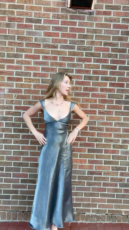 Elegant Silver-grey V-neck Sheath Satin Long Party Dress Evening Dress Prom Dress TP2751