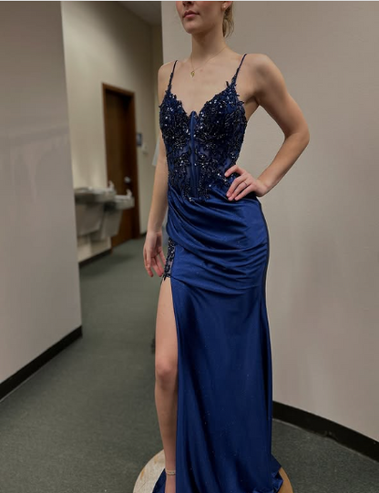 Simple navy blue sling side slit satin long mermaid prom dress evening dress TP2754